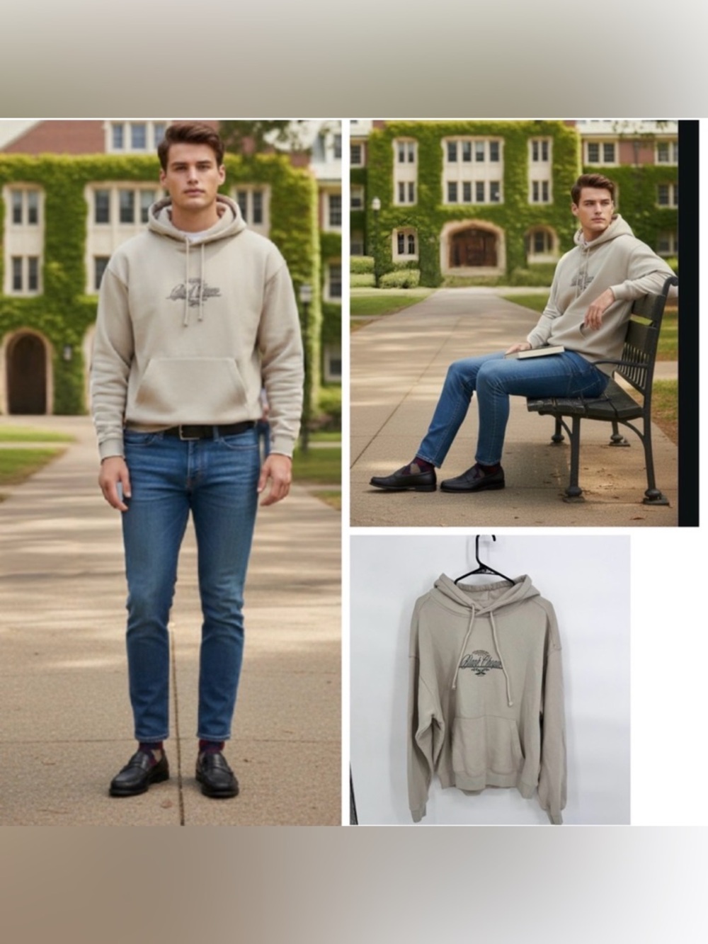 Cotton On box fit hoodie with blank cheque graphic on tan background size Large